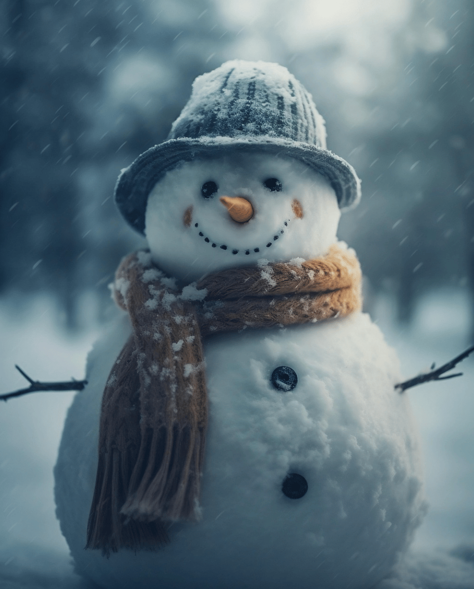Snowman in tweed hat and brown scarf