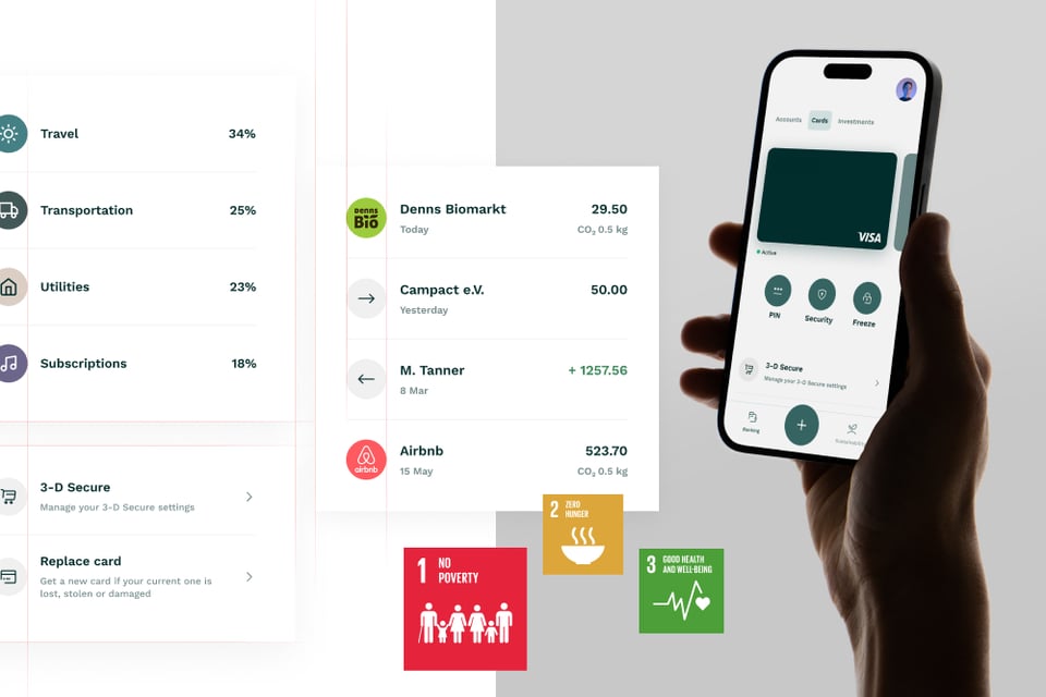 A collage of UI elements of the neobanking app we've designed