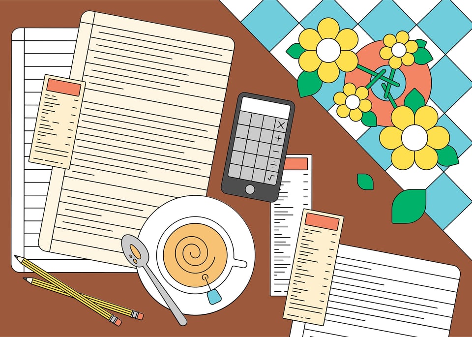 drawing of desk with cup of tea, calculator, pencils, papers, and flowers