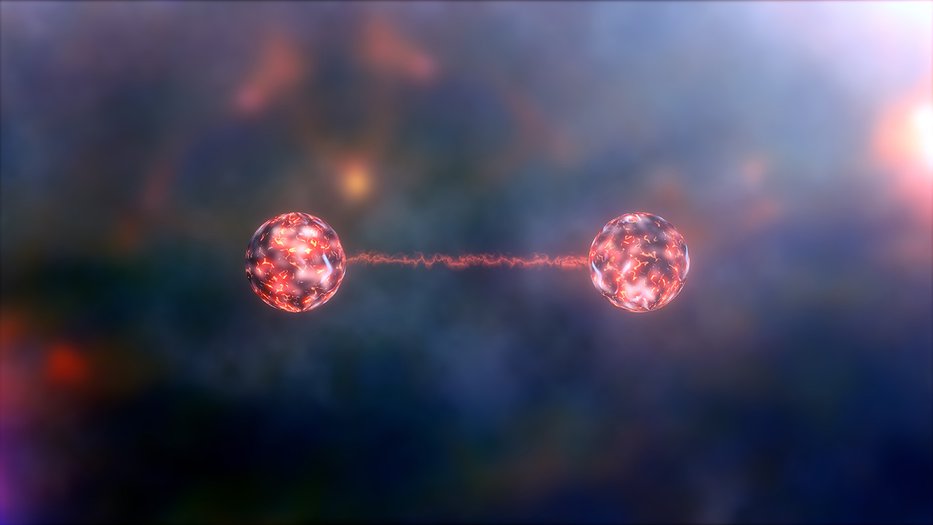 stock photo showing two red marble-y atoms linked by a red laser-like line