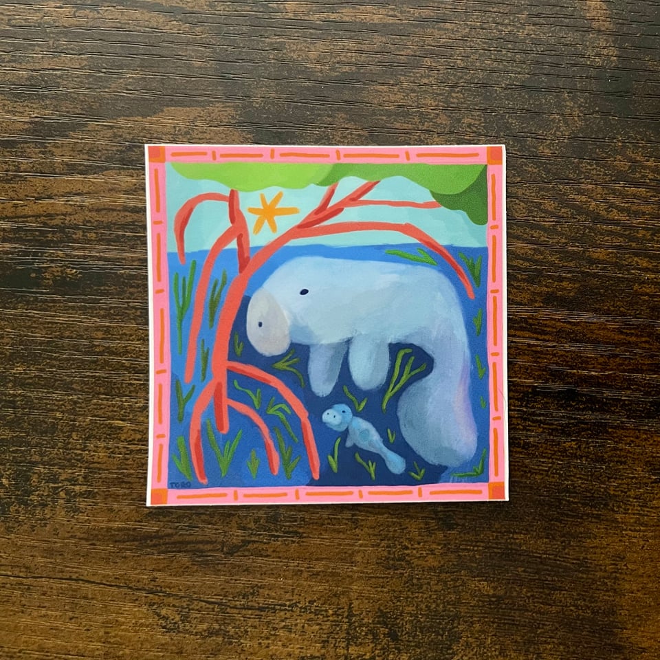 An illustrated scene of a mother manatee and her baby swimming amongst mangrove trees with sea grasses around them on a sunny day. A yellow-orange sun peeks through the trees. There is a pink border with orange squares and lines.