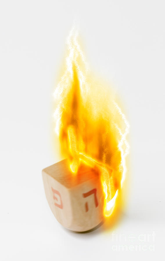 A flaming dreidel, from https://pixelsmerch.com/featured/flaming-dreidel-ilan-rosen.html