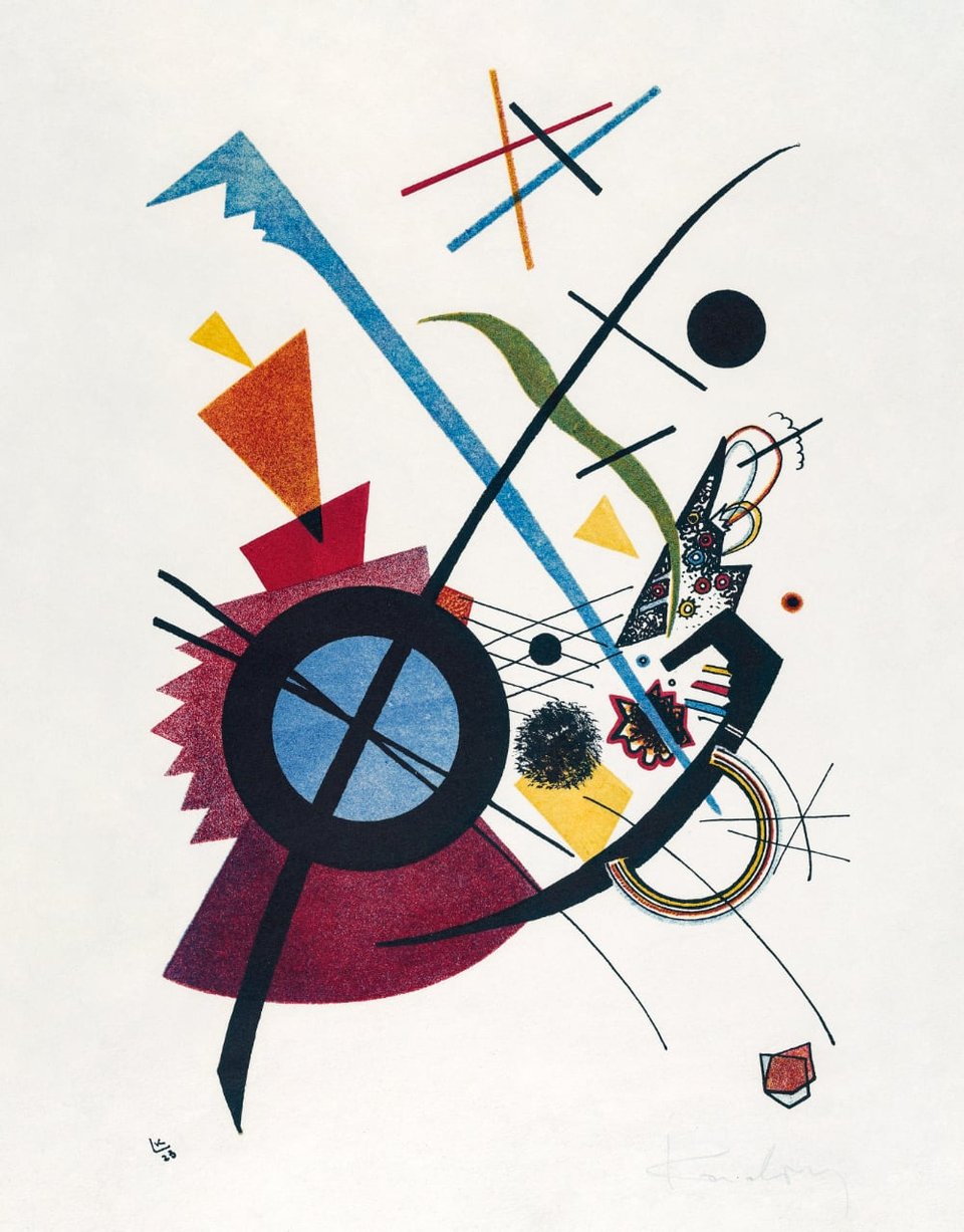 A series of lines and abstract shapes in multiple colors against a white background. In the bottom right, Kandinsky's autograph.