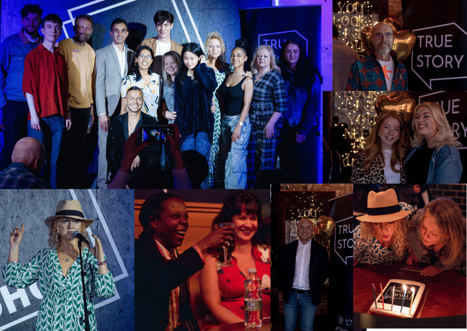 Images of storytellers, MC, guests and a birthday cake at the June 17th True Story show.