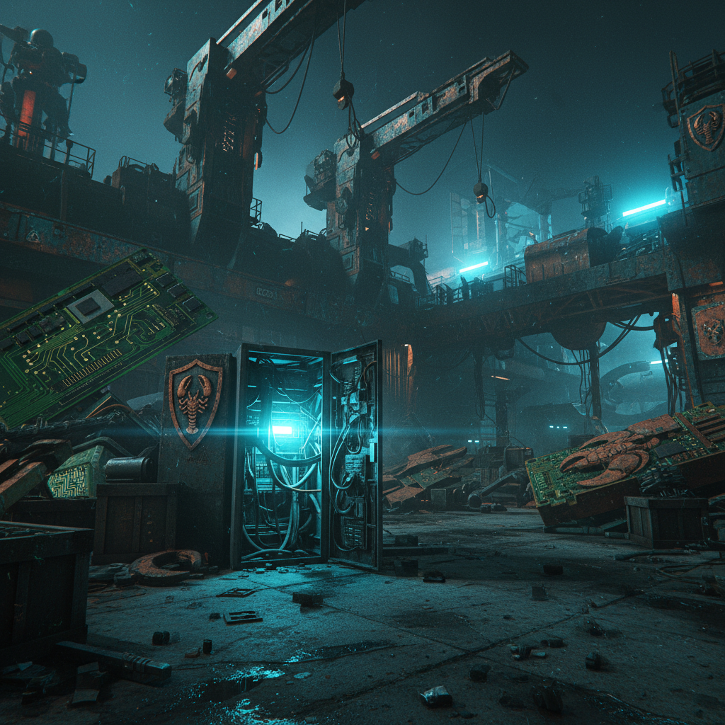 Open server rack with lobster claw emblem in industrial space