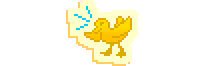 Pixel art sticker of Terkel, AKA DJ DOOF DUCK, a yellow duck. It is excited and flapping its wings.