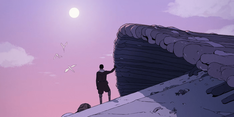 A survivor looks out on a violet-tinged alien world.