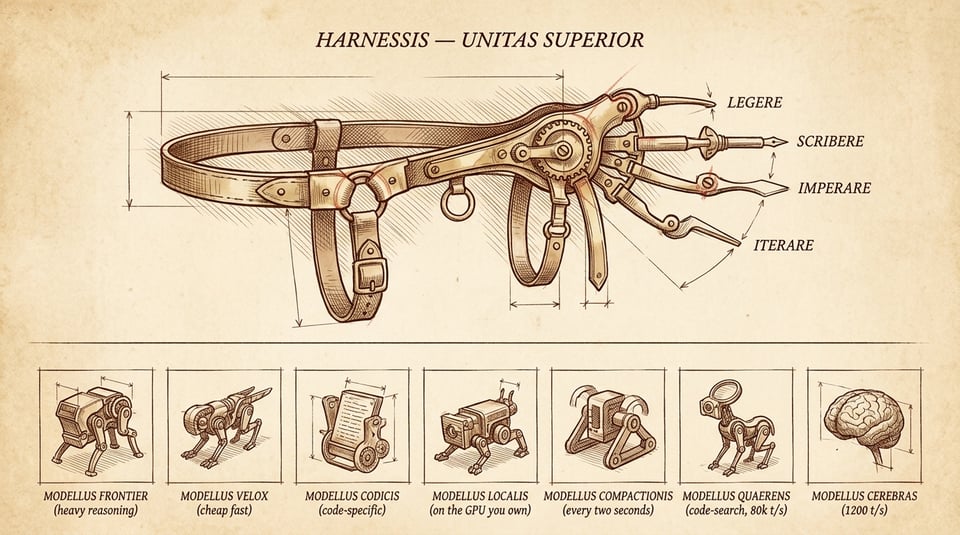 Da Vinci anatomical-plate: a single mechanical harness apparatus on top labeled HARNESSIS — UNITAS SUPERIOR with four tool-attachments (LEGERE, SCRIBERE, IMPERARE, ITERARE), and below it a labeled menagerie of seven model 'species' — Frontier, Velox, Codicis, Localis, Compactionis, Quaerens, Cerebras — drawn as small mechanical creatures on aged parchment.