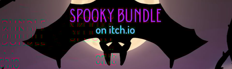 Spooky Bundle on Itch.io. A bat is shown hanging upside down with a menacing glare behind the words.