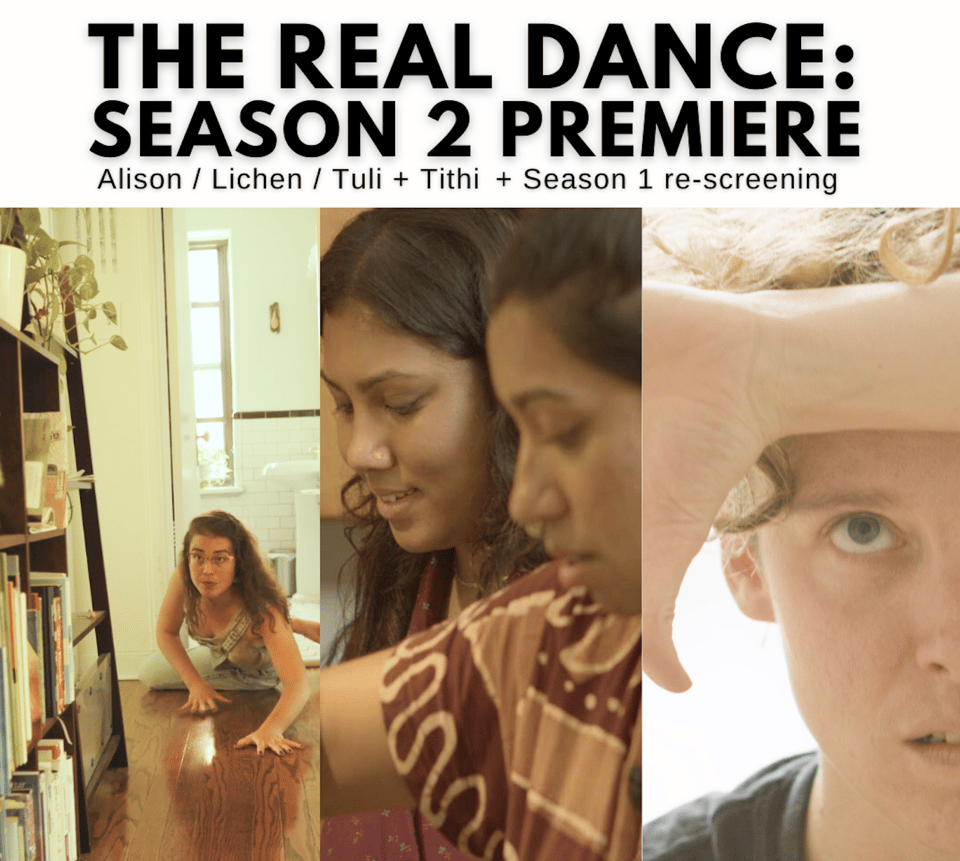 A promotional image featuring text similar to that below. The image shows 4 dancers in split panels across the square - one crawling eagerly across a living room floor, then two siblings looking over a stovetop together, then a final person looking toward the camera with their forearm across their forehead.