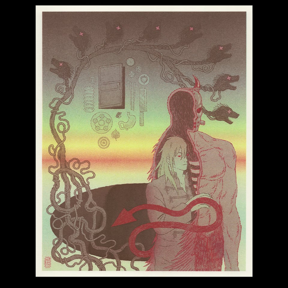 risograph print of Nikaido from Dorohedoro, emerging from the hollowed half of a muscled, masked devil form. Tubes or guts rise tangling to the left, eight lizard heads growing in an arc above. A door hangs in the air, surrounded by drawings of gyoza, a chef knife, coins, a devil tumor, a clock. In the background, an oval of a void; a red horizon fading through green into darkness.