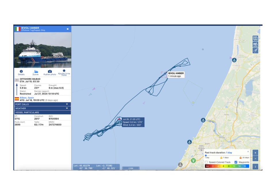 Mouvement du Ievoli Amber, navire italien participant à l'acquisition des données du fonds marin nécessaires à l'interconnexion électrique France-Espagne (INELFE).