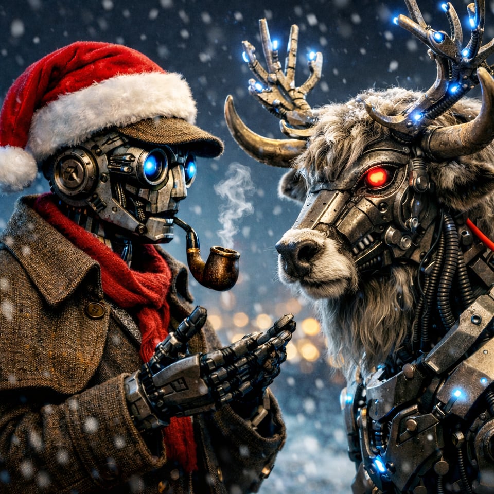a sherlock holmes robot with a santa hat on, having a earnest discussion with a cybernetic reindeer who is actually a Yak in disguise