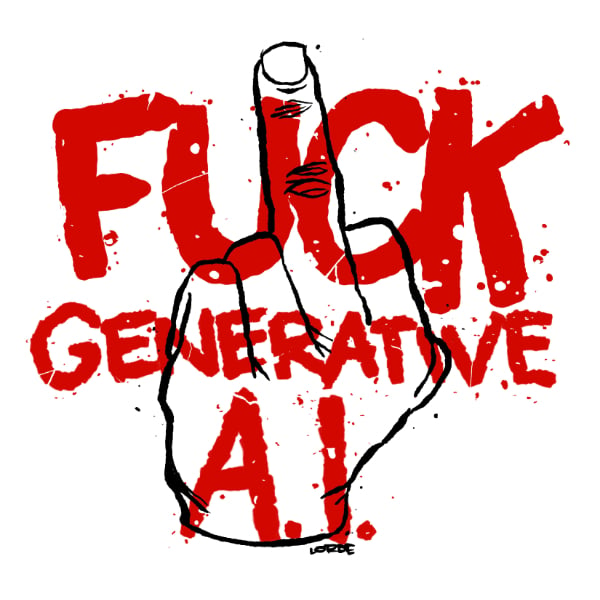 "FUCK GENERATIVE A.I." depicted in broken red lettering, with line art if a hand (middle finger extended) superimposed over it. All over a white background.