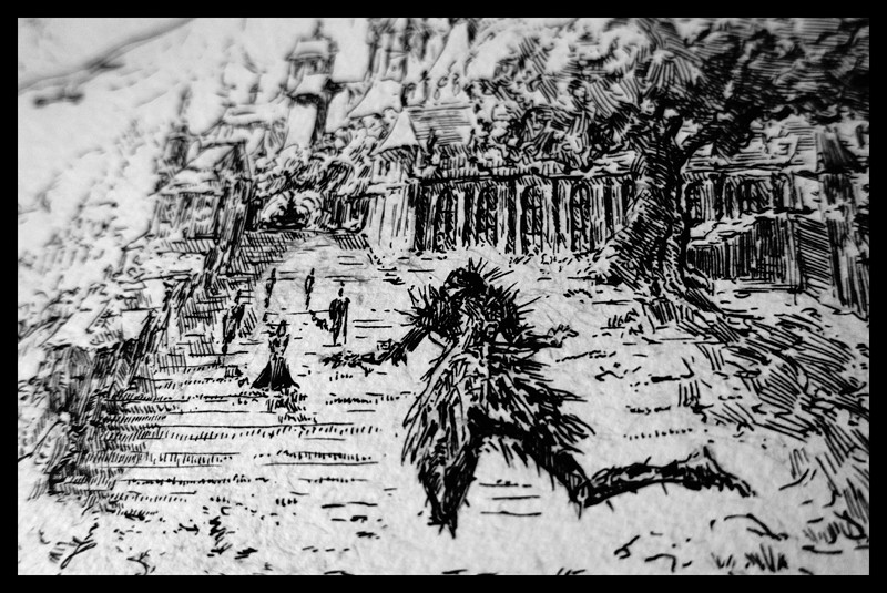 zdjęcie z prac tuszem, postać lecąca, w tle postaci na schodach i miasto