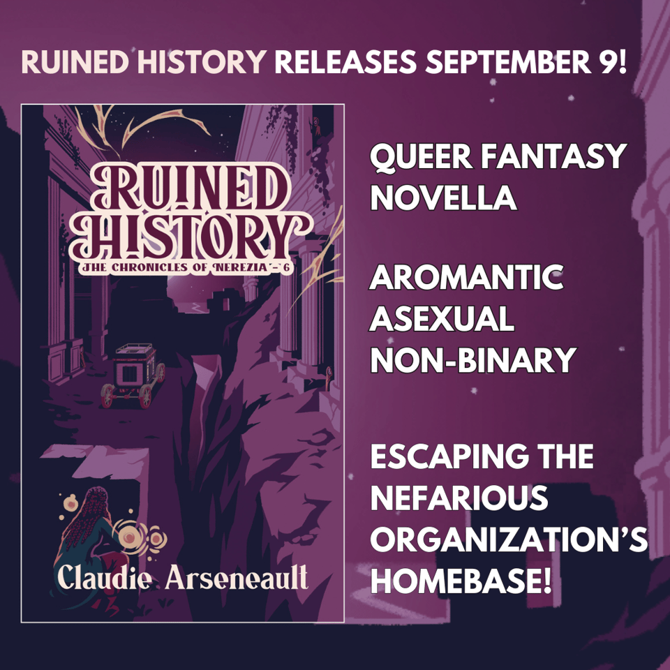 Ruined History cover on the left, where Aliyah is crouching behind ruins, watching the Wagon from afar. It's described as a queer fantasy novella that is aromantic, asexual, and non-binary, and this one is about escaping the nefarious organization's homebase!