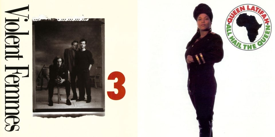 First pic: A black and white photo of Violent Femmes, three white guys, just guys, no femmes. They're dressed mostly in black. One sits and holds something small in his hands, I can't tell what it is. The other two stand close to each other near the sitting one. They all look at the camera. They appear to be on a stage or perhaps a rehearsal studio.  Second pic: It's Queen Latifah! She's a tall, strong, proud sexy Black woman wearing a black uniform, slightly miltaristic in the Janet Jackson RHYTHM NATION way. The background is blank white.