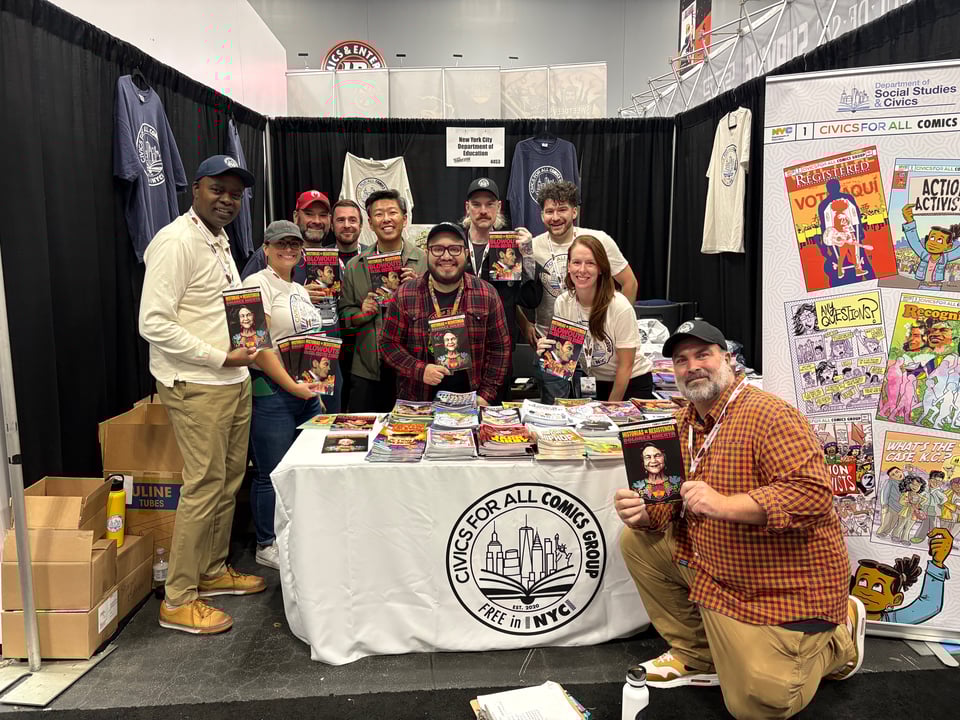 a group of people at a comic convention