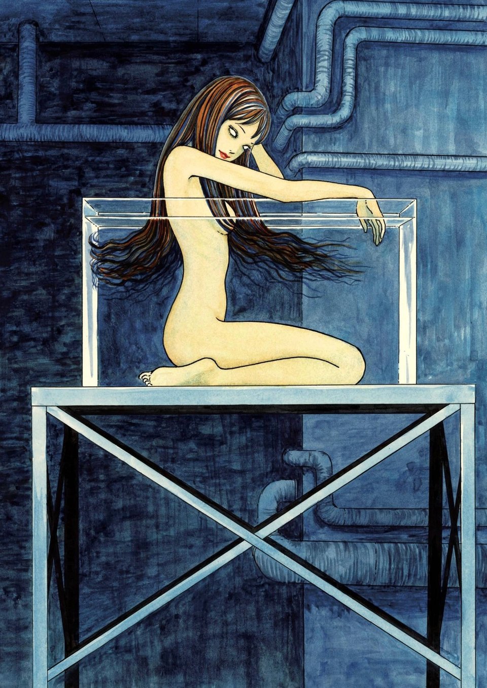 A full-color, full-body illustration of Tomie in an observation tank
