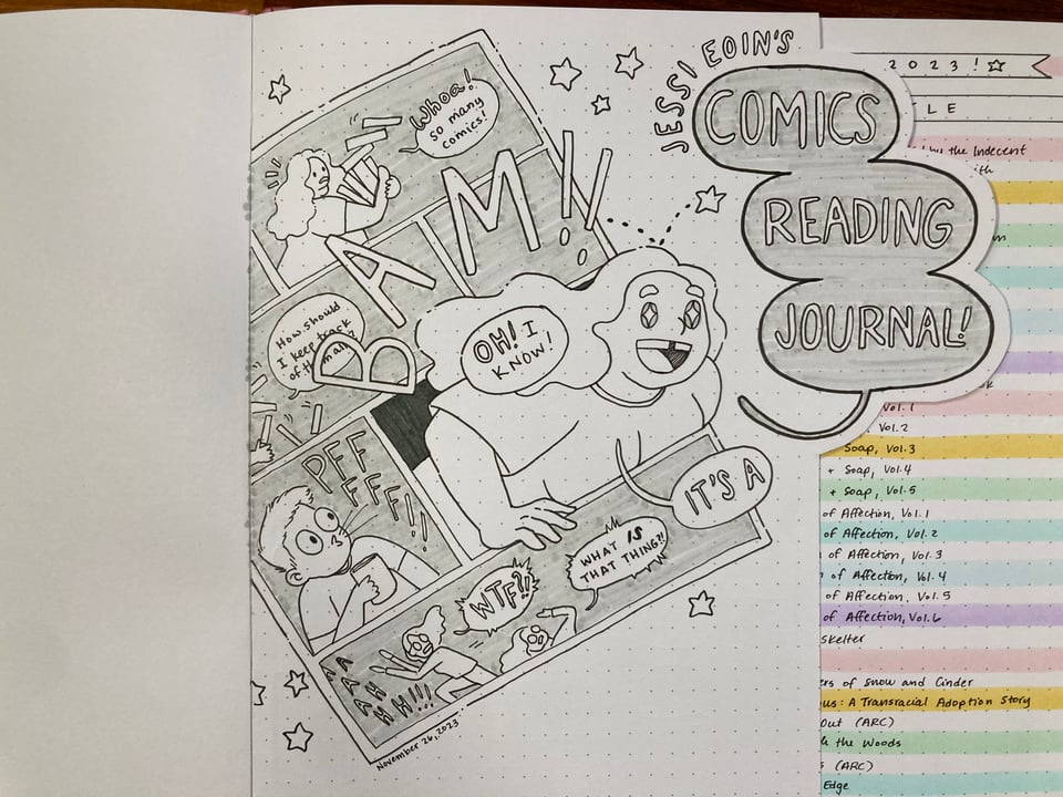 An open page in Jessi's comics reading journal, showing a cut out cover page atop another colorful page behind it. The top page is cut out to show a comic illustration. Panel 1: Jessi juggles a pile of teetering books, saying, "Whoa! So many comics!" Panel 2: As the books tumble, Jessi says, "How should I keep track of them all?" The speech is partially cut off by the interruption of Panel 4. Panel 3: Jessi's partner spits out his drink with his eyes comically widened as he's taken aback by the sudden outburst in Panel 4. Panel 4: Jessi explodes off the page in excitement with the sound effect BAM! interrupting Panel 2. They yell, "OH! I know!" And the speech continues after Panel 5's dialogue. Little stars bounce of the top of Jessi's head and surround the comic. Panel 5: Two other people react in fright to Jessi's outburst, yelling, "AHHH! What the fuck?! What IS that thing?" In response, Jessi's dialogue continues, saying, "It's a Comics Reading Journal!"