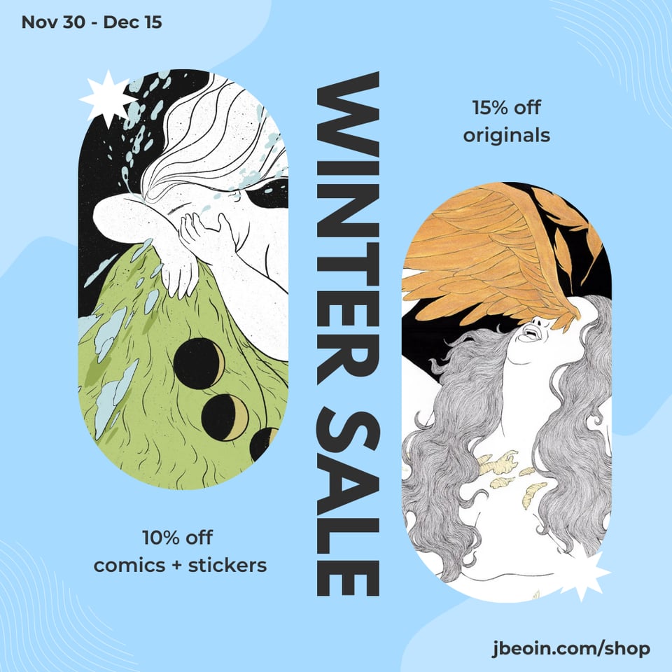 Graphic announcing a winter sale at Jessi's website jbeoin.com/shop from November thirtieth to December fifteenth. It shows a comic page above text that reads