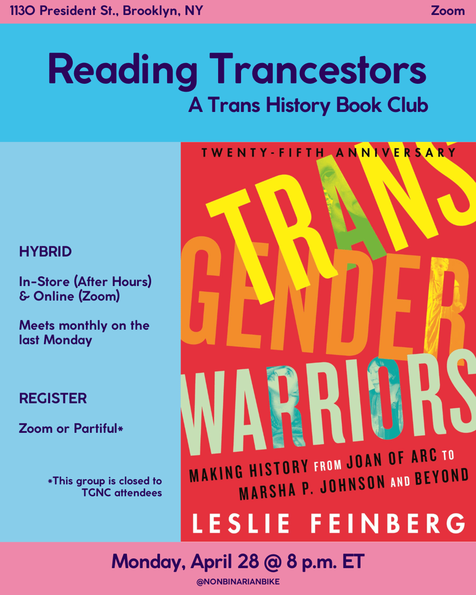 Reading Trancestors: A Trans History Book Club details are laid out on a pink and blue graphic with the cover of Transgender Warriors by Leslie Feinberg.
