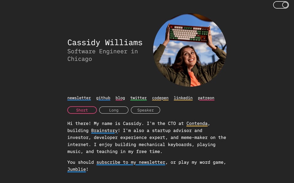 Cassidy's home page with a few social media profile links, links to her newsletter and blog, and a bio.