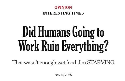 Parody of Times headline "Did Humans Going to Work Ruin Everything?" Dek: That wasn't enough wet food, I'm STARVING