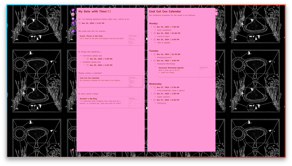 screenshot of a Leaflet doc titled "My Date with Time!!!" with several examples (event, deadlines, calendar, blog)
