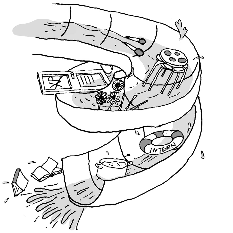 [An illustration of a spiral water slide with microphones, stacking stools, flowers, a door with XP printed on it, an inner tube labeled “intern,” a cooking pot, and books — all getting carried down with the water.]