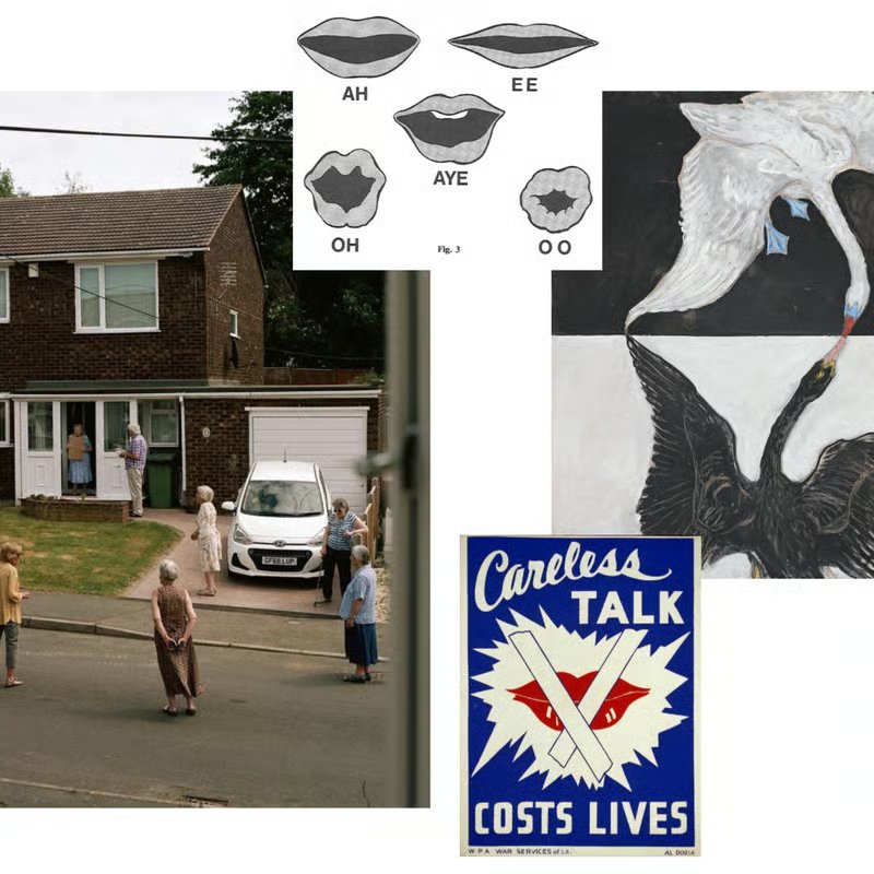 Collage of mouth-shape phoneme diagrams and a vintage 'Careless Talk Costs Lives' propaganda poster, on the theme of talking about AI