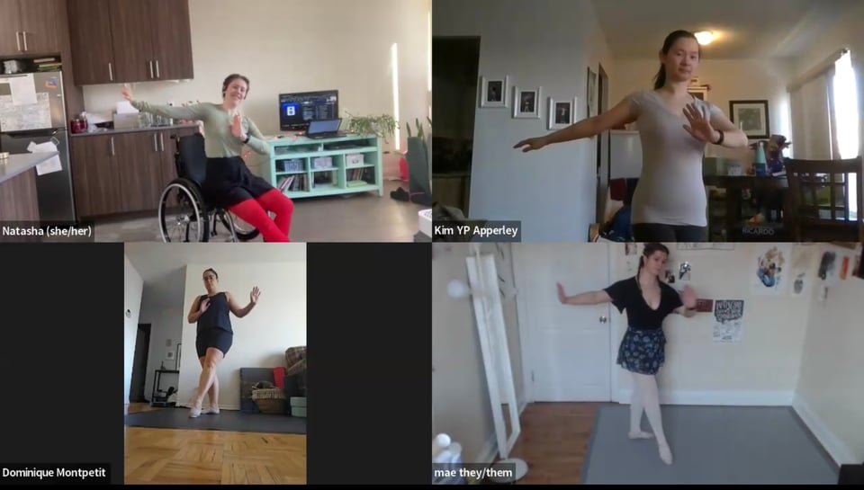 Screenshot of a Zoom call with three dancers standing in a doll pose, and me adapting the pose in my wheelchair