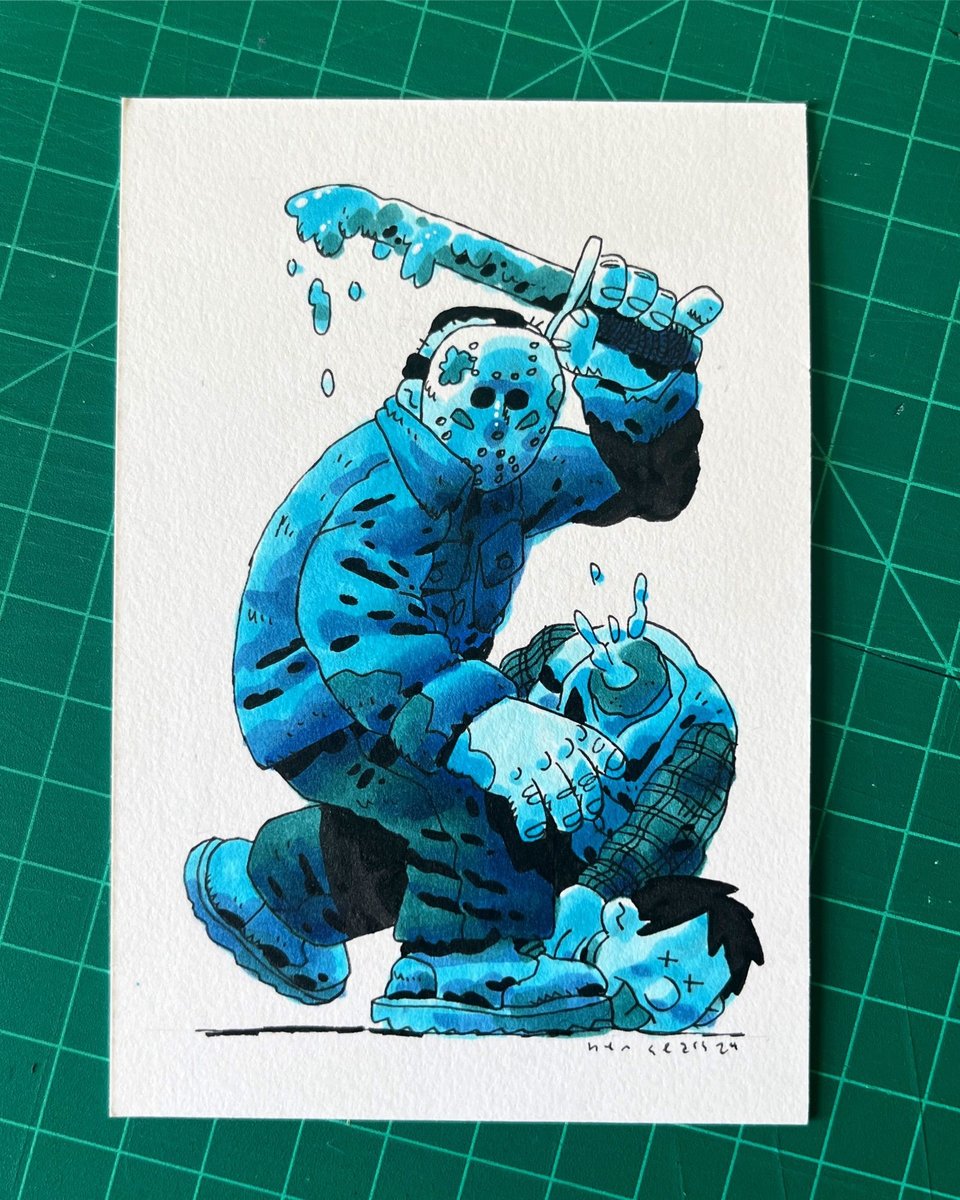 A picture of a drawing of Jason Vorhees from Friday the 13th Part 3. He's chopping a guy's head off with his trusty machete. 