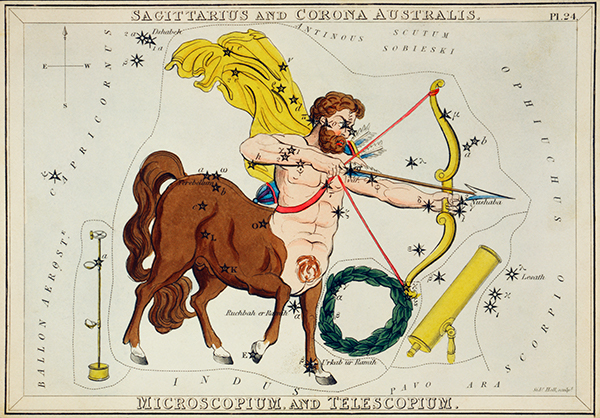 An illustration of Sagittarius in the nigh sky, with a yellow cape. He has a beard, bow and arrow and stars dotted throughout his body. From Public Domain Review