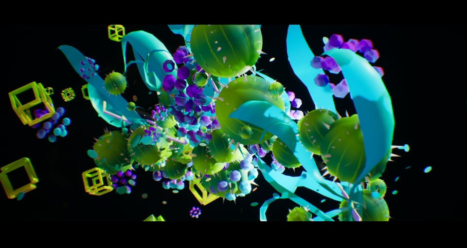 Blob, strands, and cubes of blue, green, and purple splay out across a black background. Some of the blobs look like cactuses or plants.