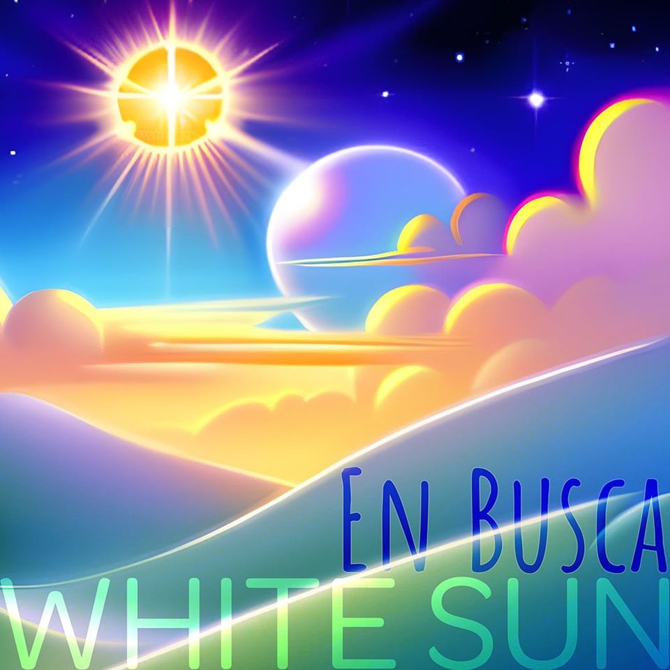 a square picture showing the sun shining with some clouds, a random bubble, and the stars. It looks childish, brightly coloured, and AI-generated