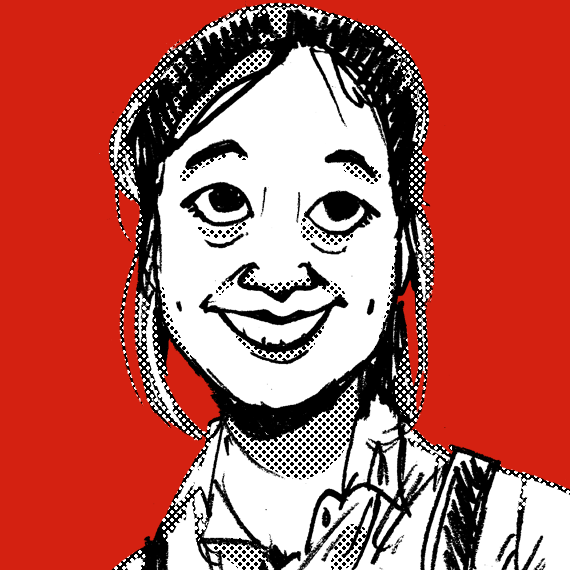 A drawing of a woman with long hair tied back