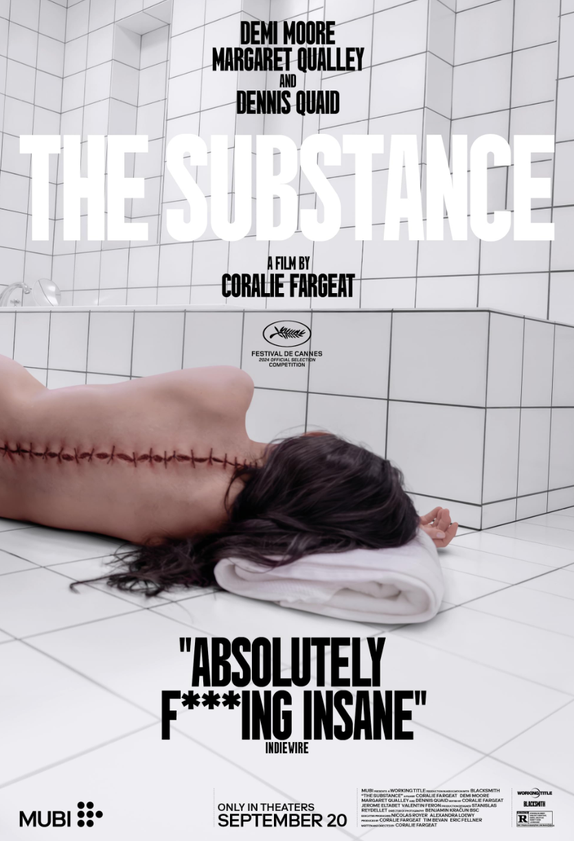 The poster for the movie The Substance (2024). Demi Moore lays on her side on the floor of a white tiled room, her head resting on a folded towel. Her back is to us and sliced down the spine. The split is held together by a number of rough stitches an inch or two apart.