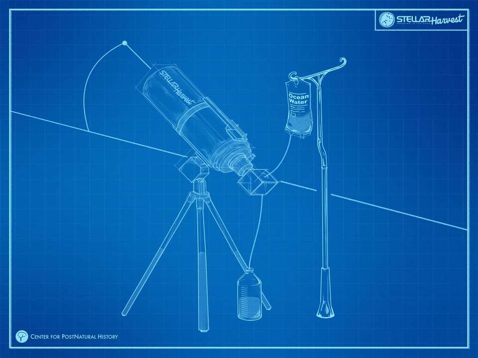 A blueprint-style illustration shows a telescope labeled “Stellar Harvest” mounted on a tripod and connected by tubing to an IV-style bag marked “Ocean Water,” which hangs from a medical stand. A small bottle sits beneath the telescope’s eyepiece, as though collecting a liquid sample. The entire scene is rendered in white outlines on a blue grid background, giving it a whimsical, pseudo-scientific feel