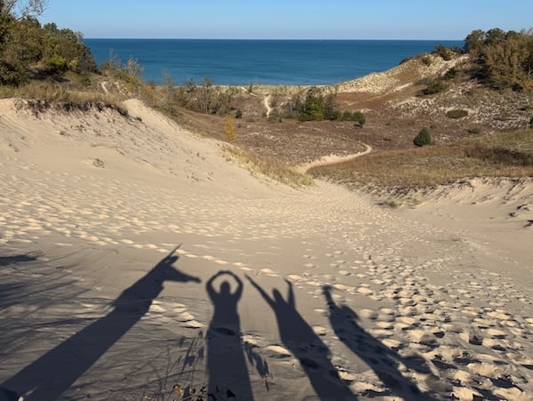 The shadows of four people holding their arms in different positions spells out LOVE onto a sand dune, with a body of blue water in the distance.