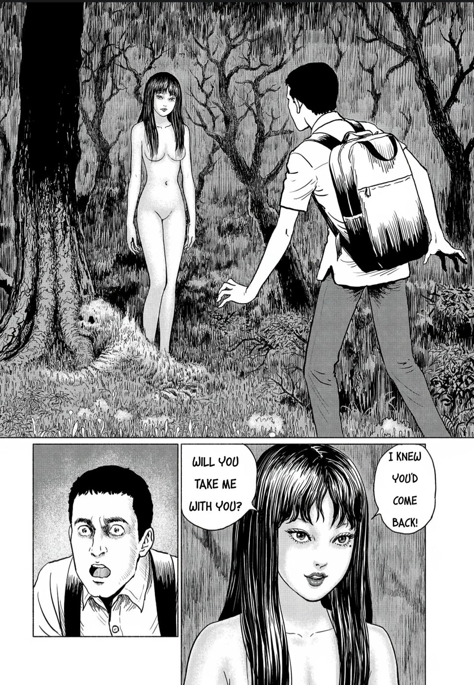 Tomie nude in the forest encountering a surprised man