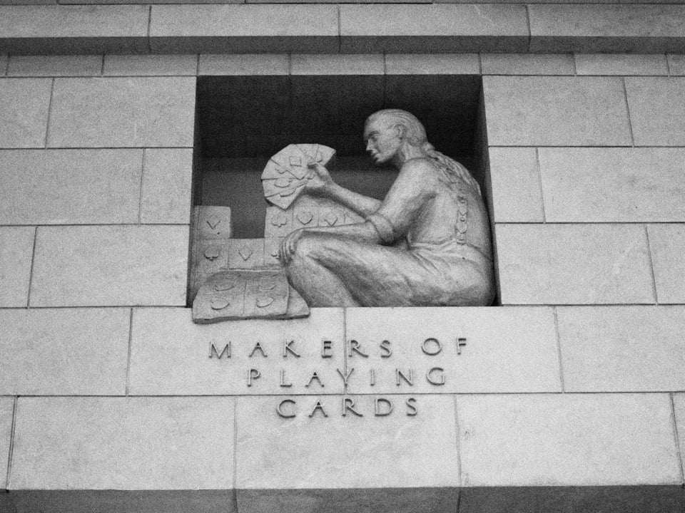 The Makers of Playing Cards sculpture, Bluewtare, Guildhall.