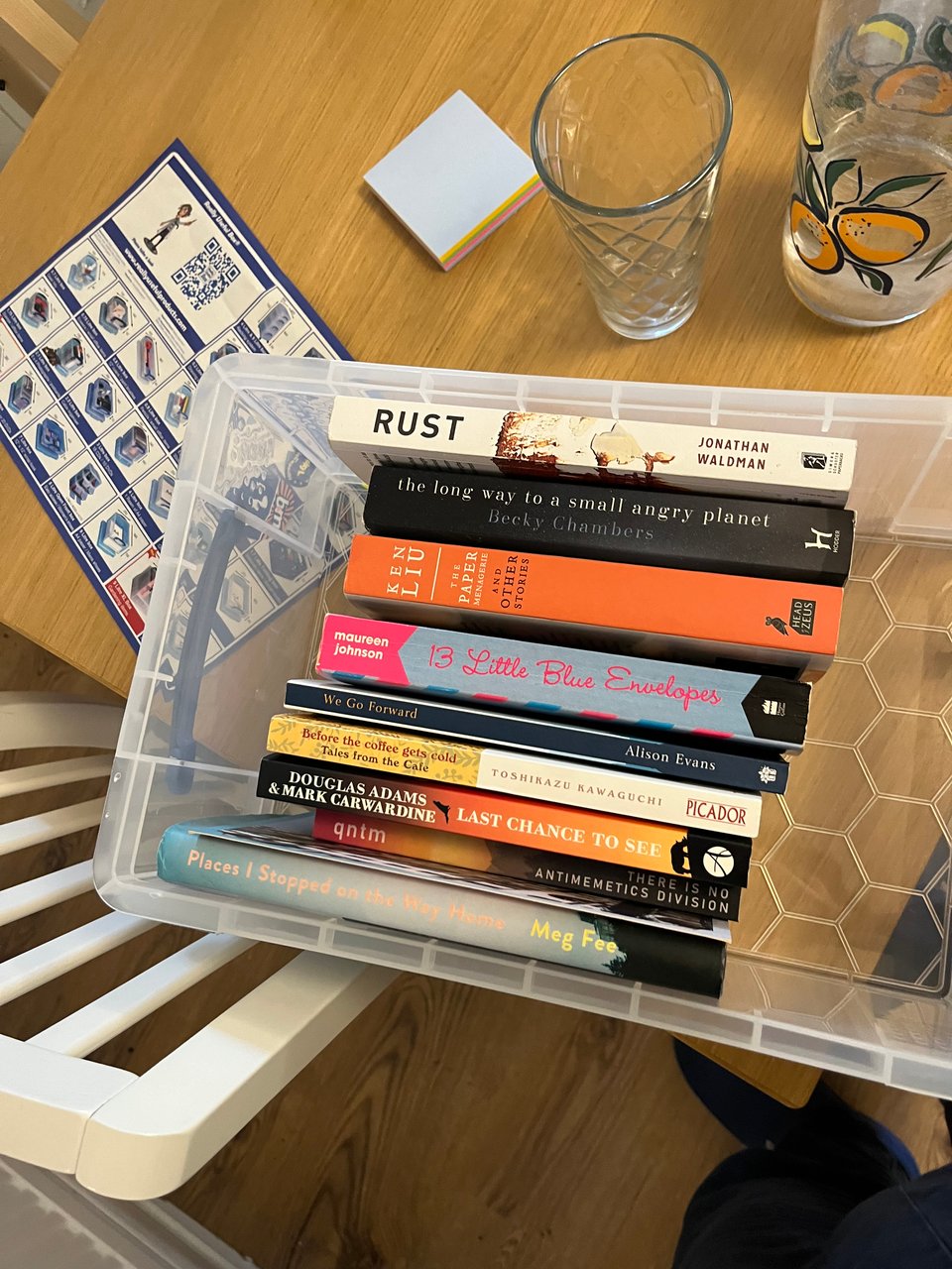 A plastic box half filled with books