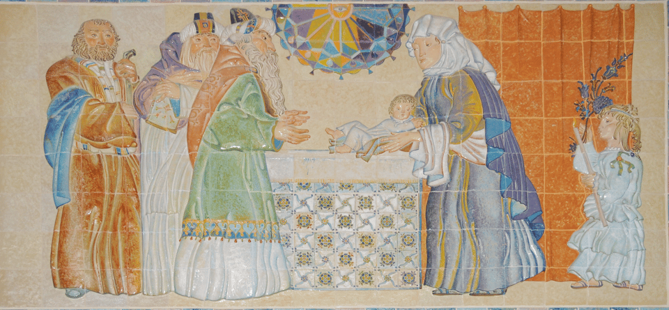 Azulejos of Presentation of Jesus in temple, in Sameiro Sanctuary, Braga, Portugal.