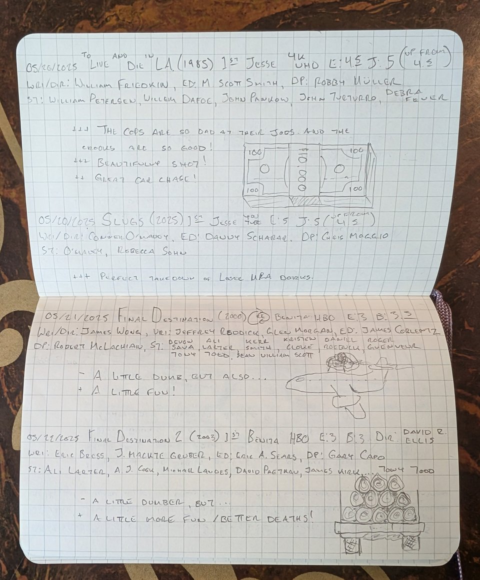 A quad-ruled notebook with handwritten notes/drawings about the movies To Live and Die in L.A., Final Destination, and Final Destination 2.