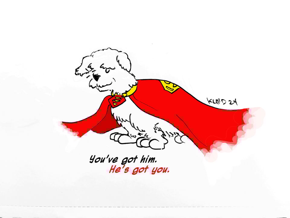 a drawing of furry lil' Krypto by Neil with the tagling