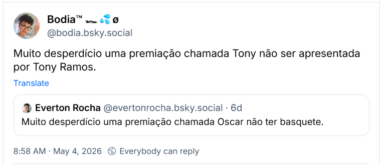 Post de Bodia™ 🏎💦ø (@bodia.bsky.social) citando o post do Everton: Muito desperdício uma premiação chamada Tony não ser apresentada por Tony Ramos.