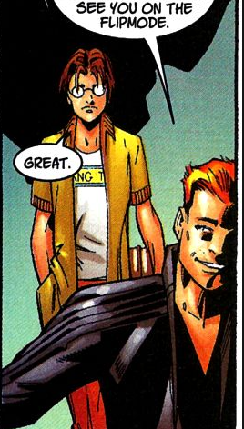 Ultimate Harry Osborn: "See you on the flipmode." Ultimate Peter Parker with his incredible bad hair: "Great."