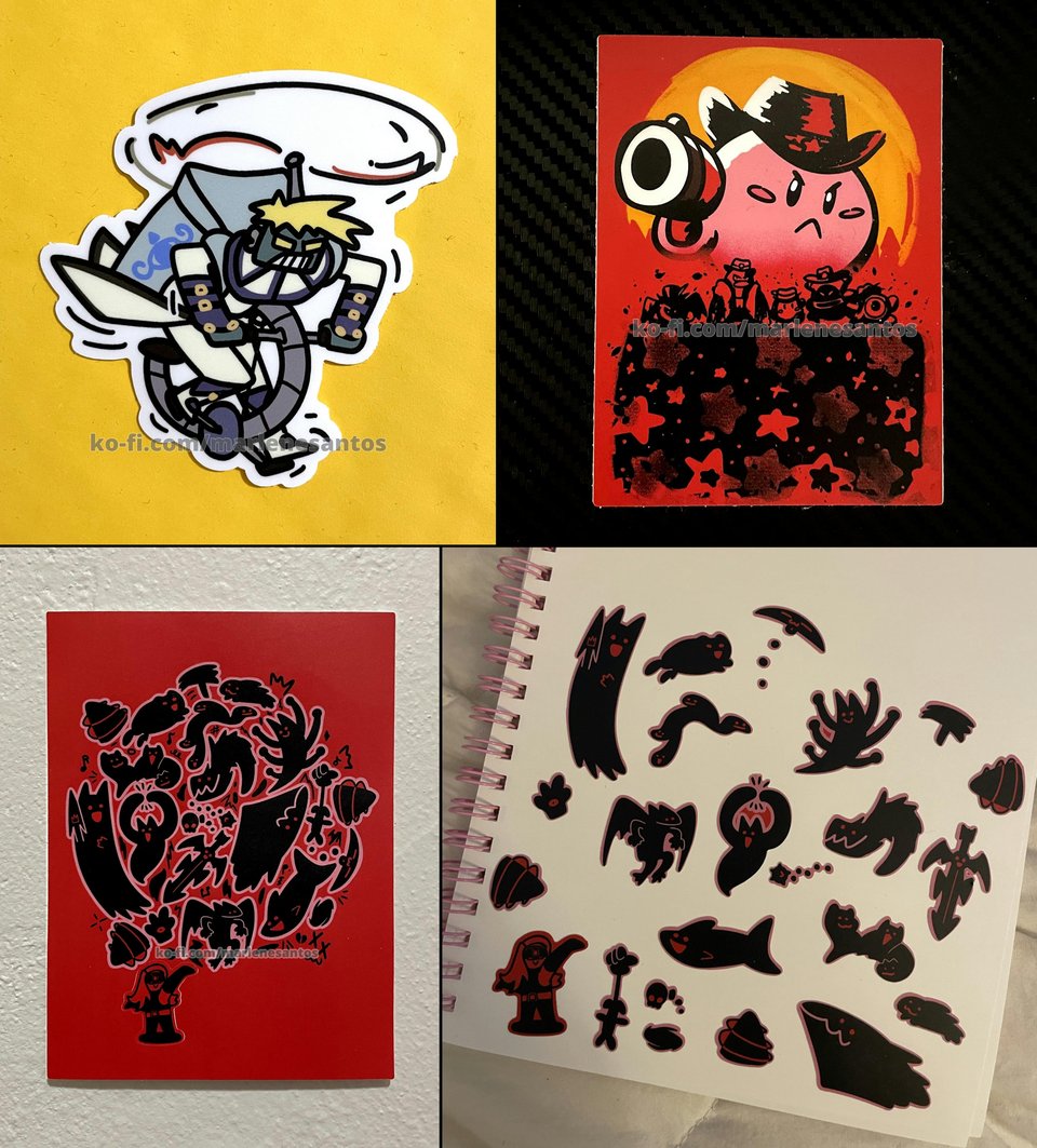 Stickers of Robo-Ky, a Kirby parody of the Red Dead Redemption 2 cover, and Zato-1 and Eddie