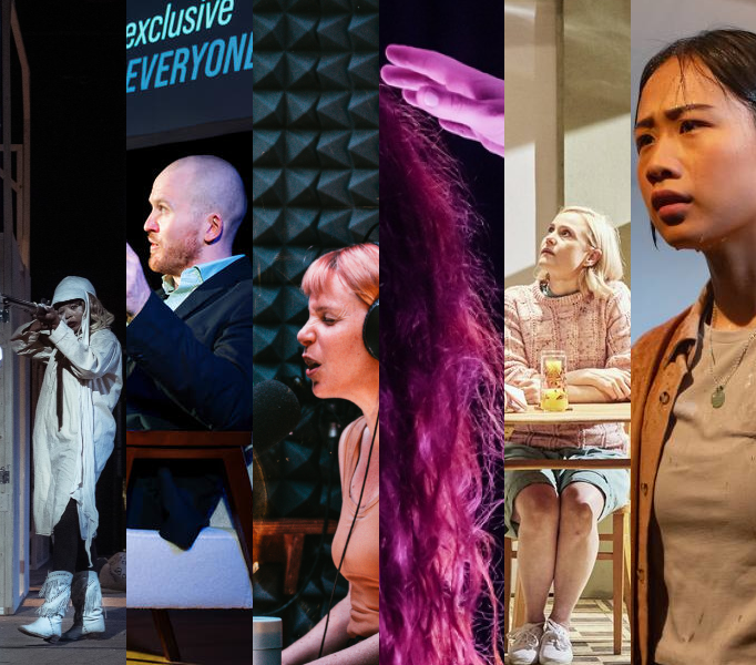 Six thin images arranged vertically. In order from left to right: the performer Lillian Tshabalala, dressed in a white gown, white cowboy boots and white strapped hat, with whiteface make-up and a blonde wig, pointing a shotgun, in Dark Noon; the performer Sam Brewer, wearing a suit and sitting in a chair, with the projection 'We're opening up the exclusive inclusive identities, FOR EVERYONE' on the wall behind him, in It's A Motherf**king Pleasure; the performer Gemma Paintin, wearing a tan tank-top and with headphones on, making a noise into a microphone in a sound booth in The Talent; a hand reaching out to the top of the head of the performer Tamsyn Russell, her hair draped down in front of her face, in Double Goer; the performer Eryn Jean Norvill, wearing a pink cardigan, green dress and sneakers, seated at a dining room table with two glasses of orange juice in front of her, looking up at someone off-frame, in The Confessions; the performer Sabrina Wu, wearing a grey t-shirt and tan overshirt, drenched with water, in Graceland.